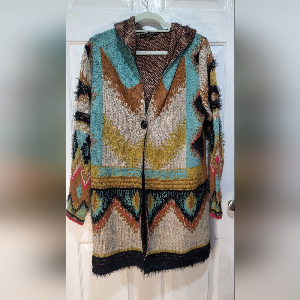 Maxsport Hooded Long Eyelash Tribal Aztec Duster Women’s Cardigan Sweater - Picture 2 of 7
